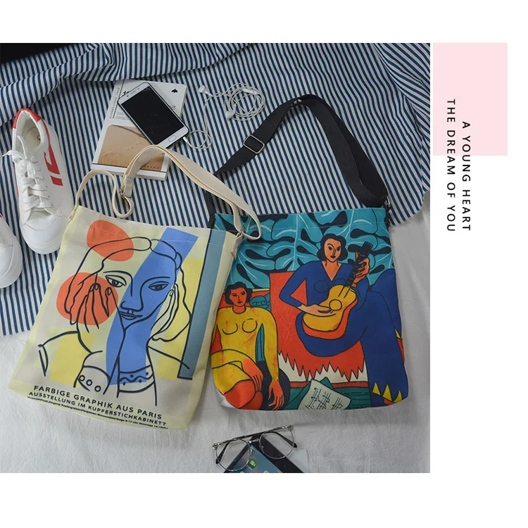 Matisse, мультяшный принт, Ulzzang, Повседневный, забавный, мультяшный, через плечо, женская, большая емкость, искусство, Винтаж, Harajuku, холст, сумки на плечо