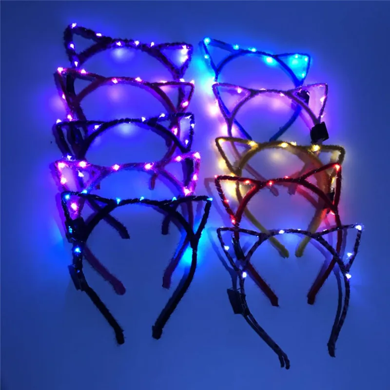 

Women Girls LED Flashing Cute Pointed Cat Fox Ears Hair Hoop Glowing String Lights Plush Cloth Wrapped Headband Party Supplies