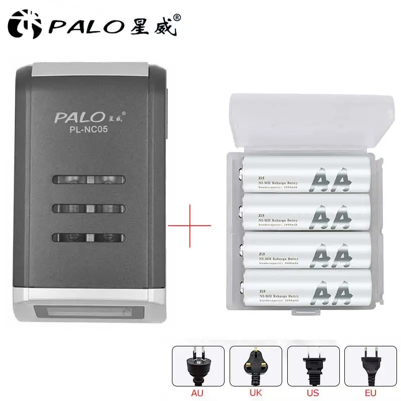 

PALO Battery Charger With Battery 4 Slots LCD Intelligent Indicator Charger For AA AAA Battery, 4pcs AA 2600mAh NI MH Batteries