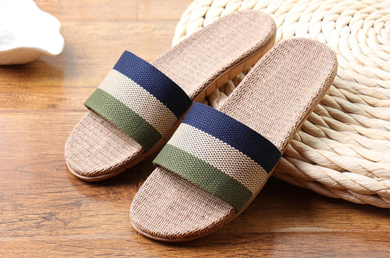 Summer Home Slippers Men Shoes Linen Flip Flops Striped Couples Slides Antiskid Indoor Slippers Flat Home Shoes Pantoufle Homme