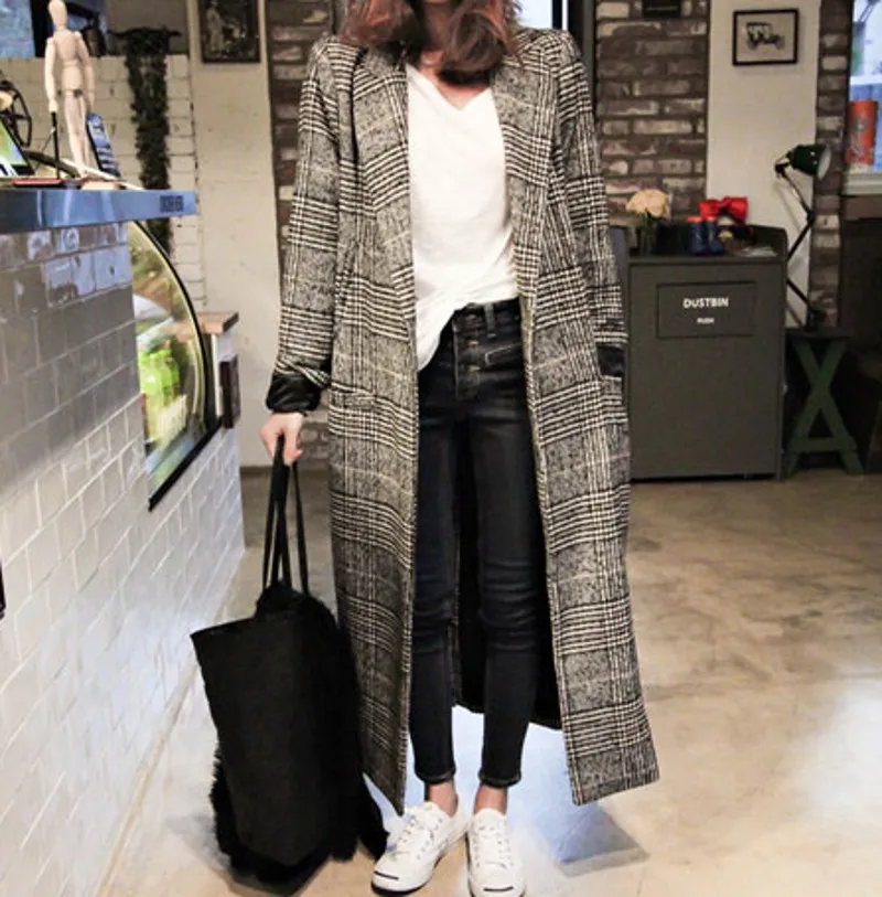 Tweed Long Poule Le 2018 Bas Automne Hiver Chaud Laine Épais Mode Survêtement Plaid Black Femmes Vers Casual Tournent Manteau az1qxzgwcS