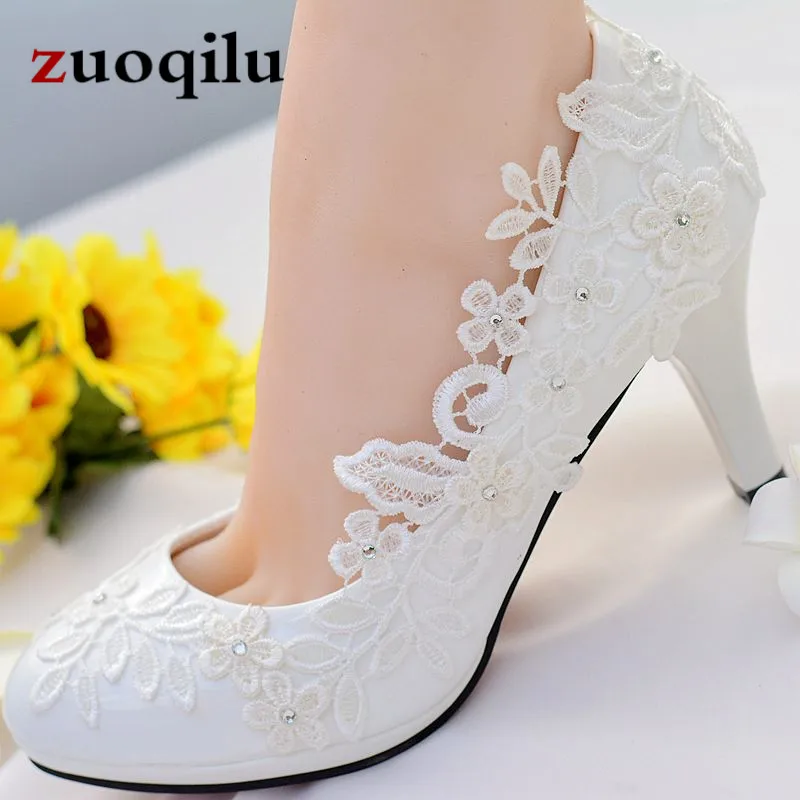 White Lace Wedding Shoes Bride High Heels Ladies Shoes With Heels