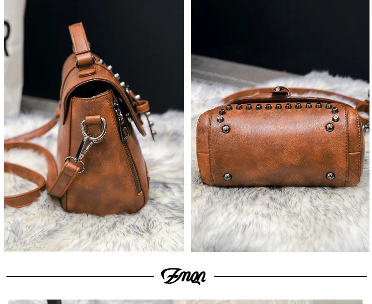 ZMQN Crossbody сумки для Для женщин Курьерские сумки 2018 Винтаж кожаные сумки Сумки Для женщин известный бренд заклепки маленькая Sac A522