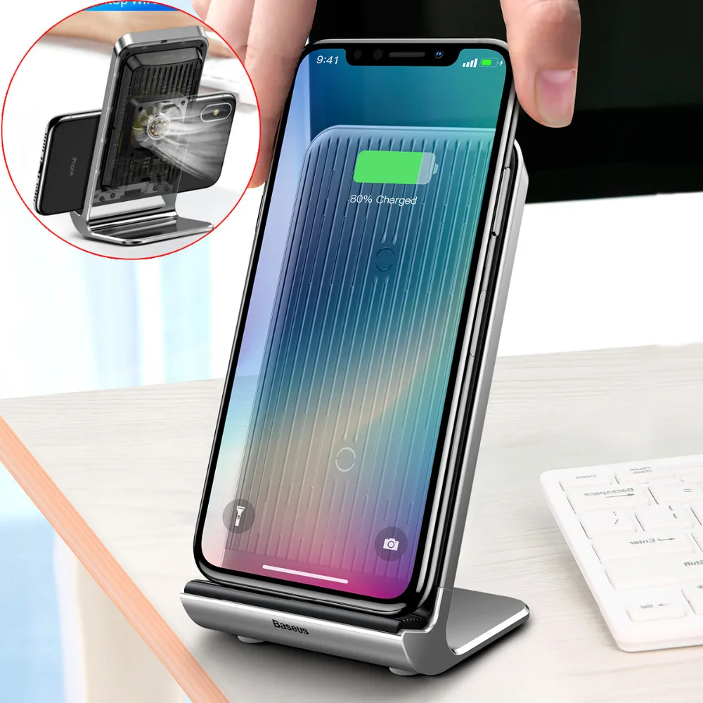 

Baseus 10W Qi Wireless Charger Holder Radiating Stand with Cooling For iPhone X 10 8 Plus USB Charging For Samsung Galaxy S8 S9