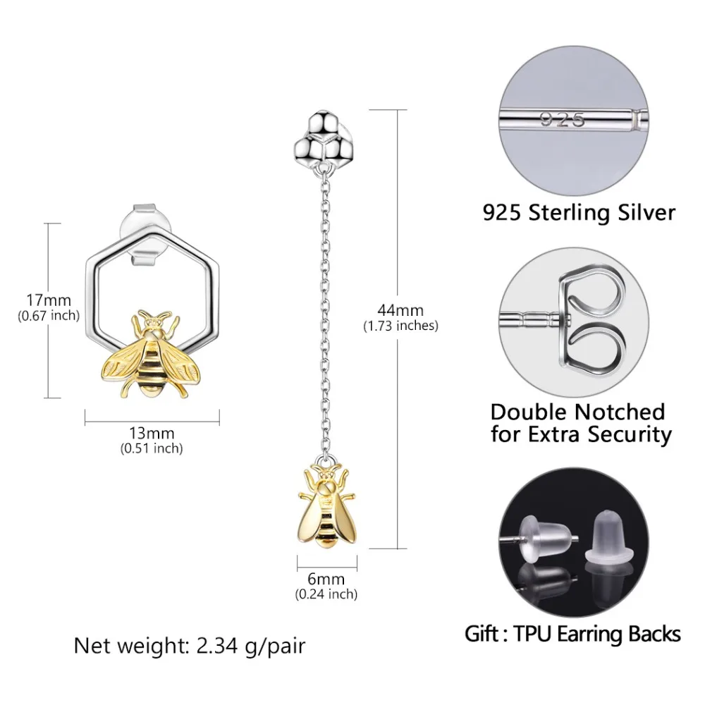 U7 Аутентичные 925 пробы серебряные милые Асимметричные шестигранные пчелы золотого цвета длинные серьги-гвоздики для женщин ювелирные изделия оптом