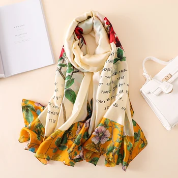 

Hot Sale Beach Holiday Scarf Women Silk Scarf Lady Fashion Thin Wraps Long Scarves Flower Print Soft Shawls