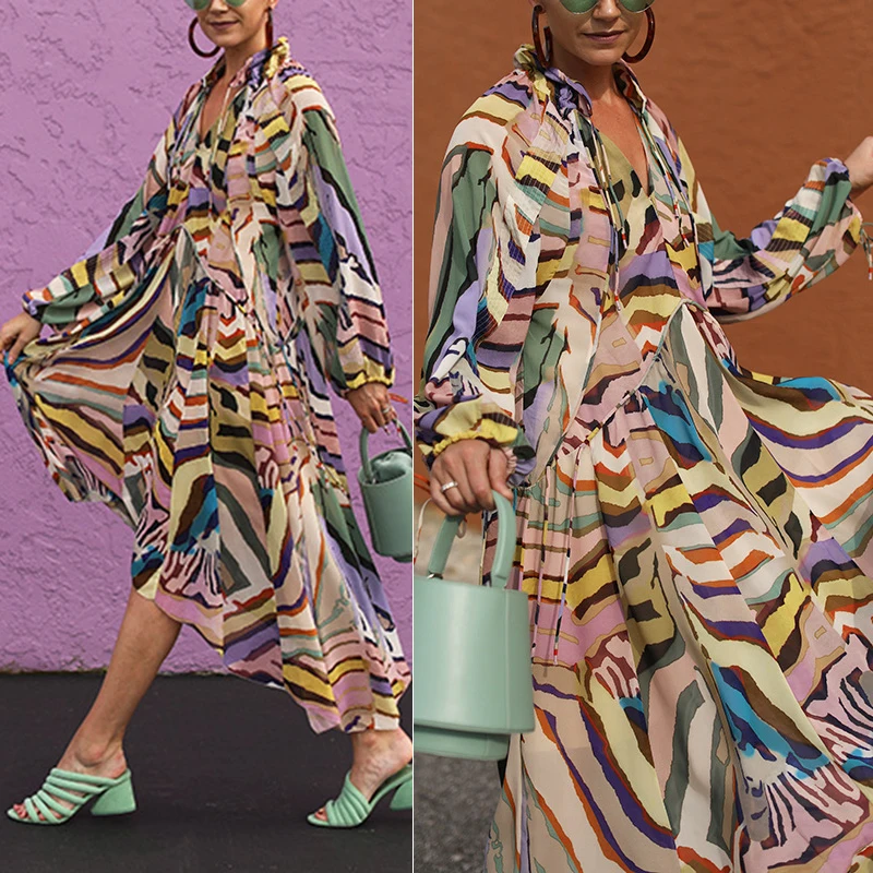 

Womens Dress Ladies Party Summer Asymmetric Fashion Drawstrings Casual Loose V Neck Baggy Puff Irregular Printed