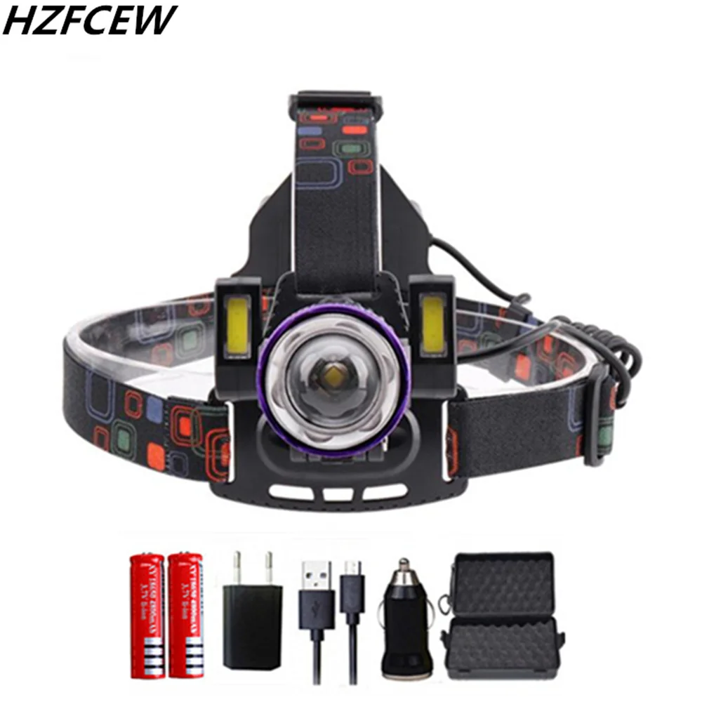 buy 4 Mode Headlamp T6 + COB 10000LM LED Headlamp Rechargeable Zoomabl 2*18650 Battery Head Torch Camping Flashlight