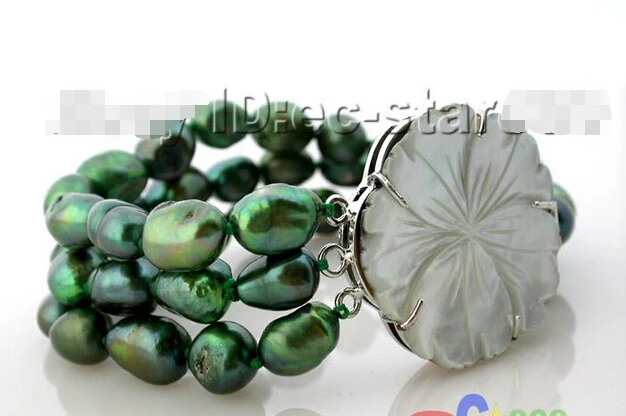 

P157 3row baroque green freshwater pearl bracelet bangle Noble style Natural Fine jewe Fast (D) SHIPPING