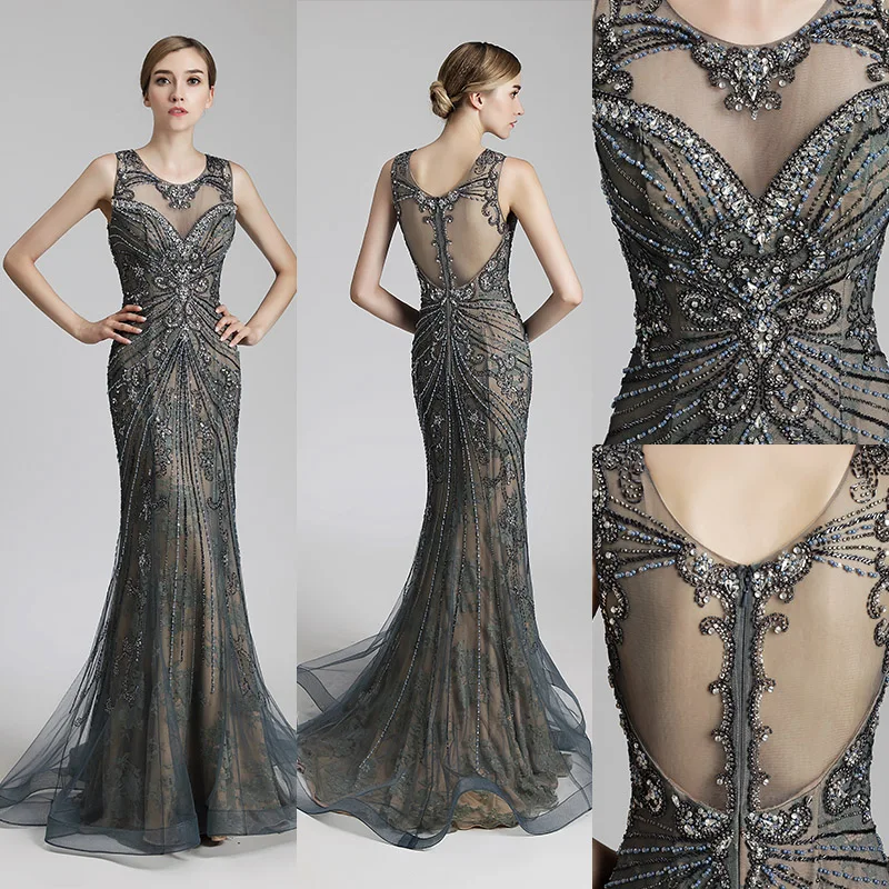 Real Picture Luxury Beading Long Mermaid Celebrity Dresses Vintage Steel Tulle Party Dress Women Fashion Red Carpet Gowns OL429
