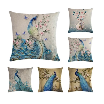 

45x45cm Peacock Cushion Cover Flower Home Office Decorate Pillow Case Cotton Linen Throw Pillow Cover