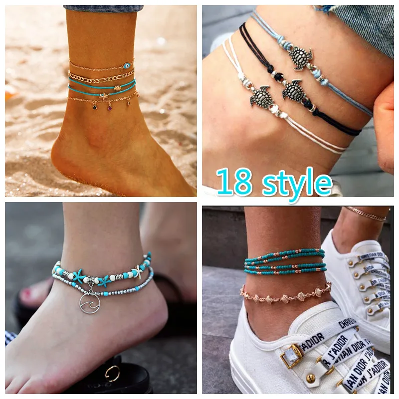 

Bohemian Ankle Chain Sea turtle wave Pendant Anklet Beaded 2019 Summer Beach Foot Jewelry Fashion Bracelet Anklets for Women