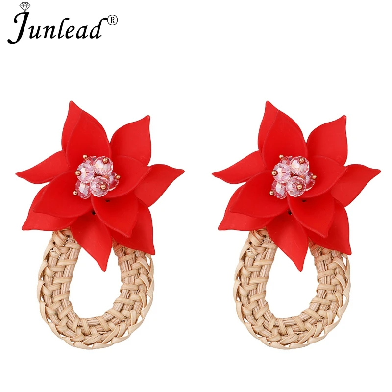 

Junlead Handmade Charm Straw Weave Rattan Oorbellen Earring Hollow Vine Braid Flower Boho Crystal Drop Earring For Women Jewelry