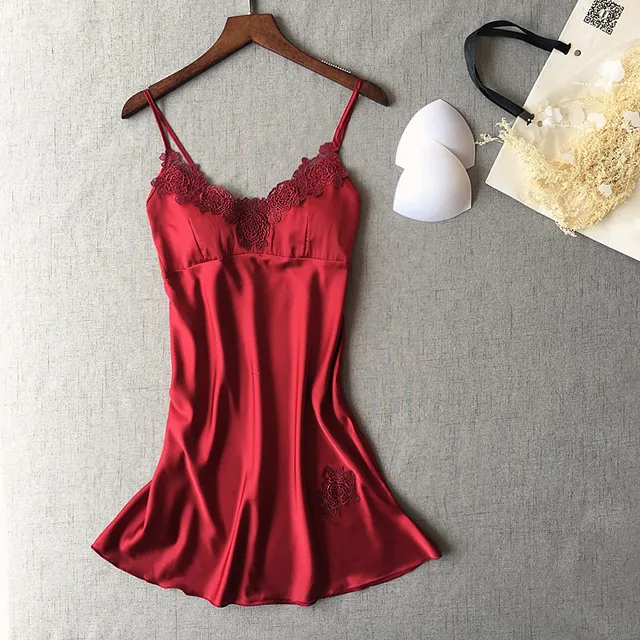 sexy young girls padded bust lace satin nightgowns luxury noble V neck ...