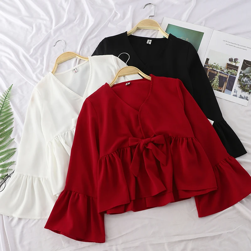 

2019 New V-neck Flare Sleeve Bandage Lace Up Bow Shirt Elegant New Vintage Short Slim High Waist Pullover Blouse Tops G196