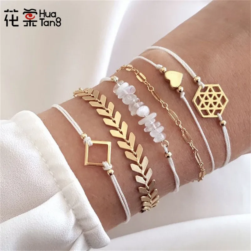 

HuaTang Gold Color Arrow Heart Pendant Bracelets Set for Women Geometric Beadeds Layered Charms Bracelets Party Jewelry 6792