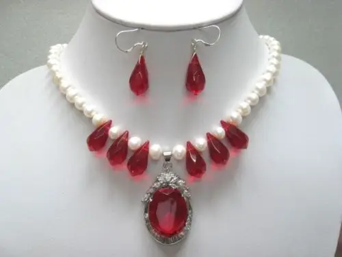 

ddh001226 New 8-10mm White Pearl/Red Crystal Necklace&Dangle Earrings Pendant Jewelry Set