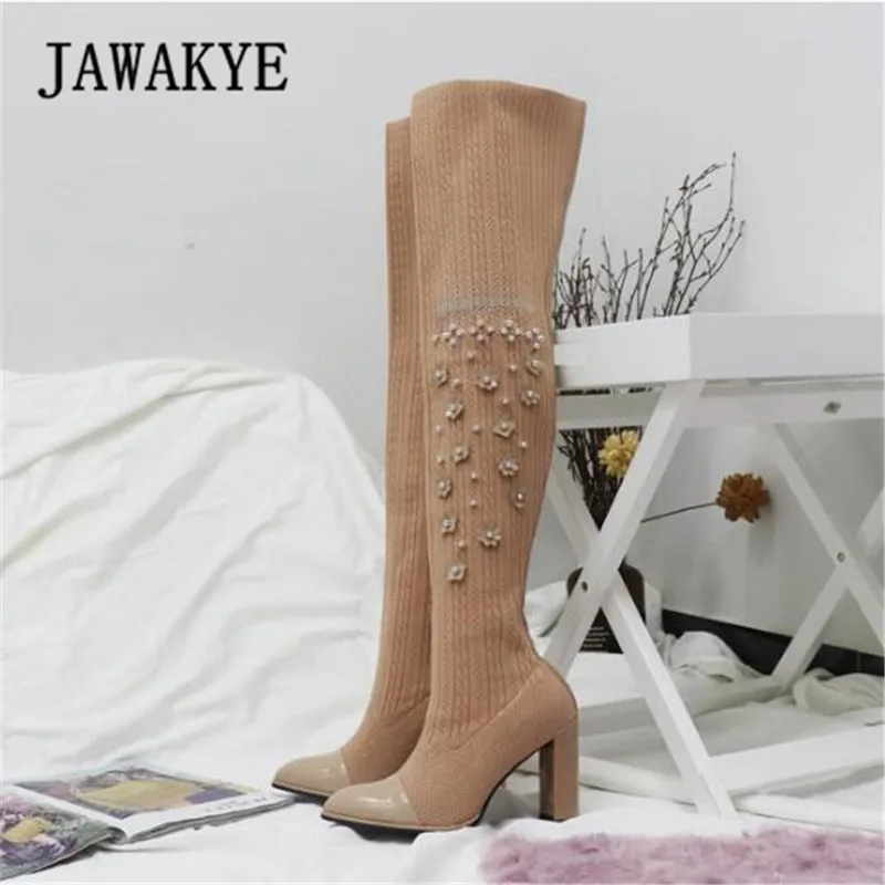 

2017 Newest Flowers Sock Boots Women Pointed Toe Rhinestone Bead High Heel Shoes Woman Fashion Stretch Knit Over The Knee Boots