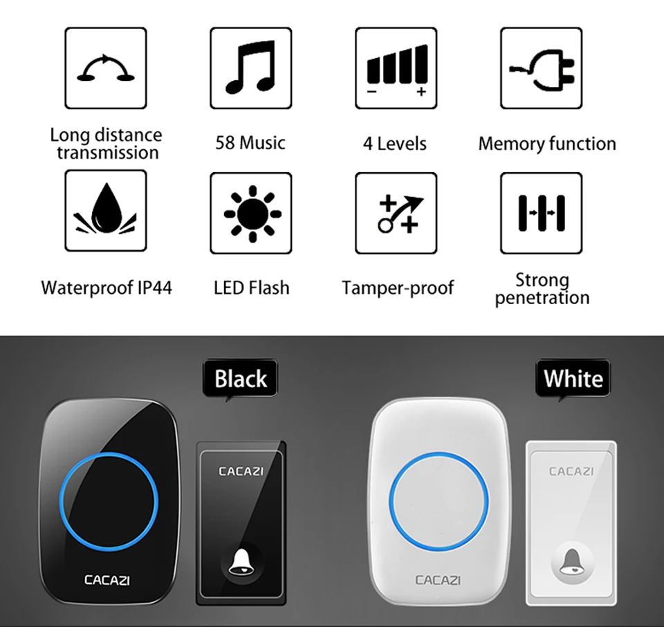 CACAZI водостойкий беспроводной дверной звонок без батареи с автономным питанием 58 курантов США ЕС штекер Умный домашний звонок 2 кнопки 2 приемника