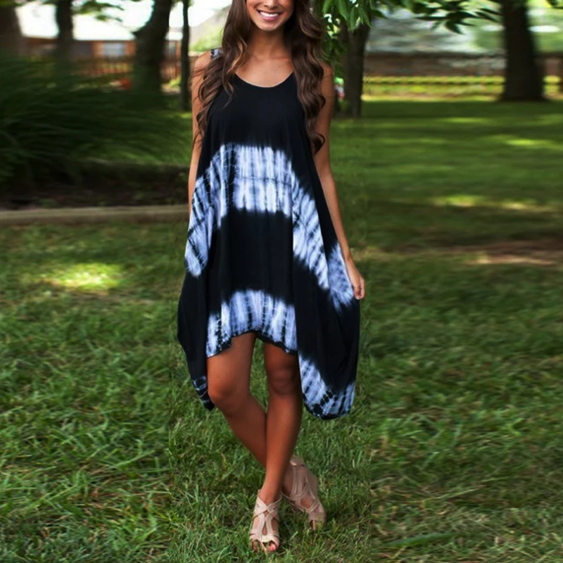 

Women Summer Round Neck Sleeveless Printed Beachwear Irregular Hem Tie-Dye Dress