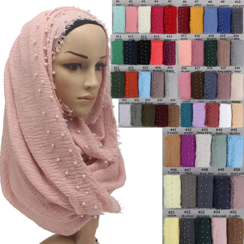 

ZFQHJJ Pleated Wrinkle Crinkle Plain Bubble Cotton Viscose Scarf Shawl Tudung with White Pearls Islamic Muslim Hijab Scarf Wraps