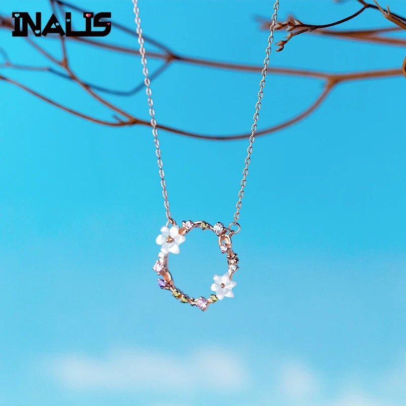 

INALIS New Korea Design Multi CZ Crystal with Flower Round Circle Pendant 925 Sterling Silver Necklace Gold Plated Women Jewelry