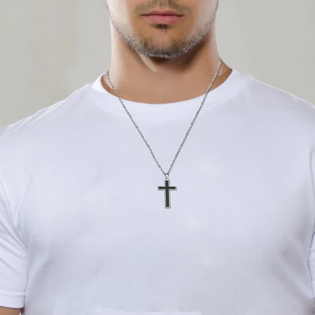 BONISKISS Carbon Fiber Stainless Steel Men's Cross Necklace 21.5 Inch - Image 6