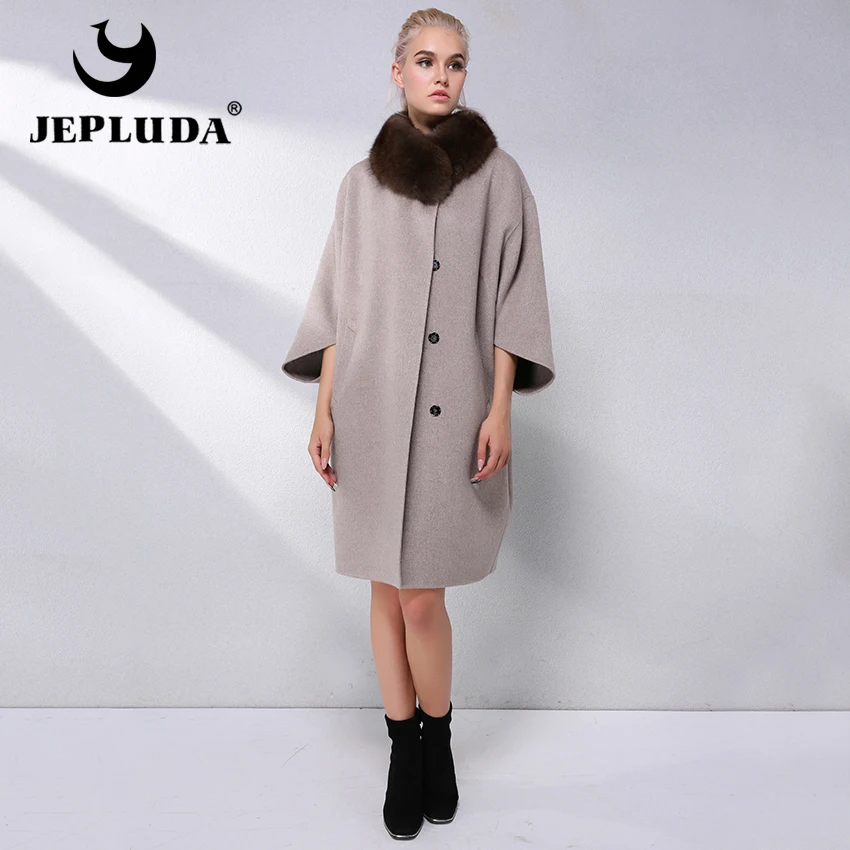 JEPLUDA Высокое Содержание 90% Кашемирового Пальто с Меховым Воротником Натуральный