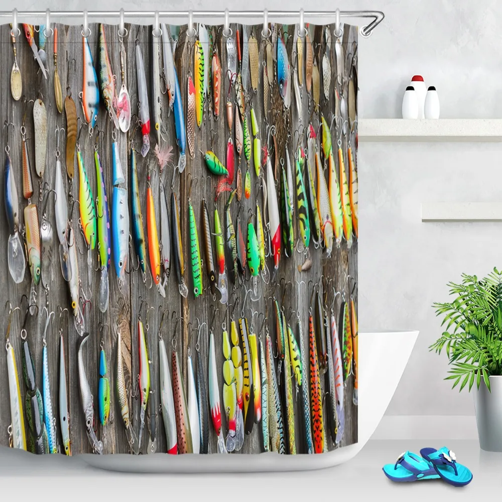 

72'' Used Fishing Lures On Old Wooden Fence Bathroom Waterproof Fabric Shower Curtain Polyester 12 Hooks Bath Accessory Sets