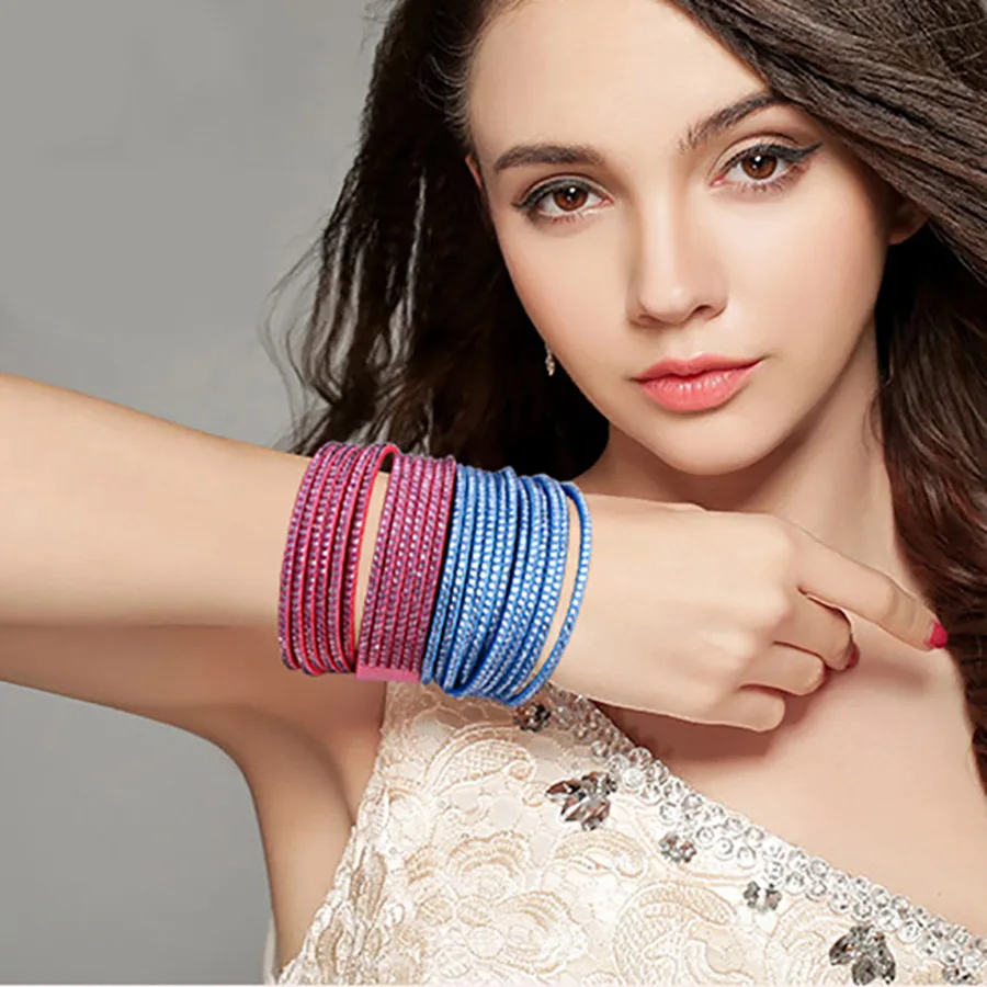 

Sales Women Six Rows Rhinestones Twine Wristband Bracelet High Quality Pu Leather Bangle WB40