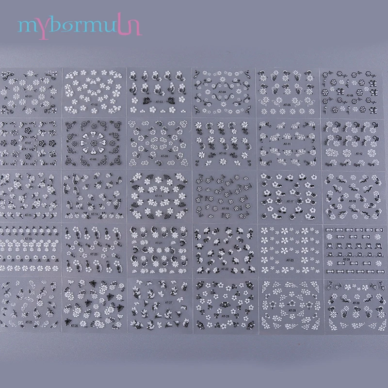 

30 Sheets 3D Nail Sticker Black White Flower Nail Art Transfer Stickers 3D Design Manicure Tips Decal Decorations AT01-30