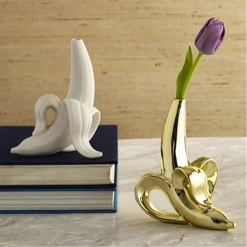 

European Style Ceramics Matte White Gold Banana Vase Creative Living Room Desktop Flower Arrangement Small Mouth Vase X2077