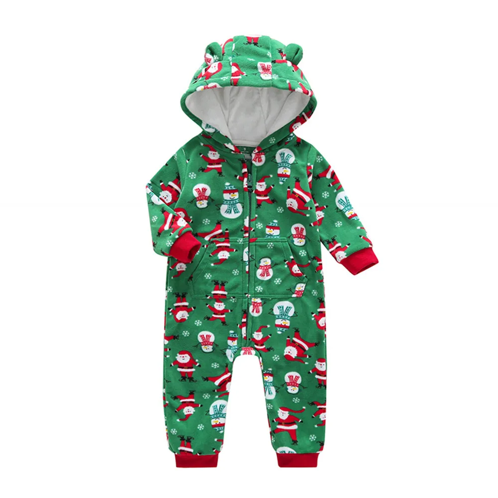 

Newborn Baby Boys Girls Long Sleeve Christmas Cartoon Print Hooded Fleece Warm Clothing Romper Jumpsuit Autumn Winter Fashion