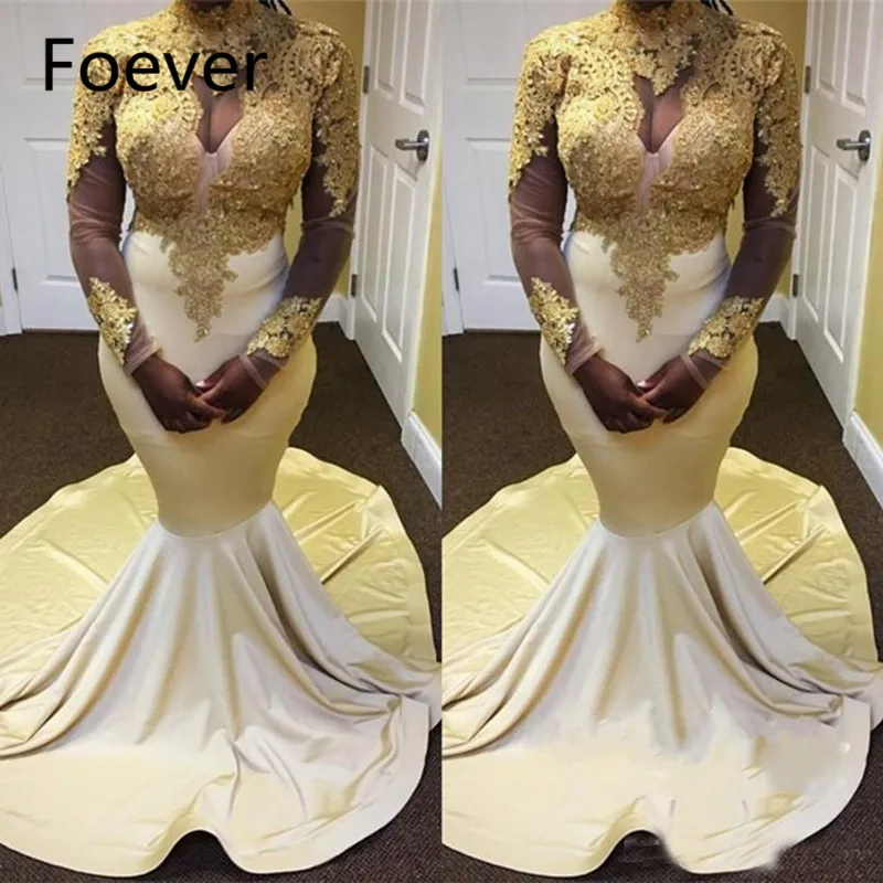 2019-New-Fashionable-Mermaid-Prom-Dress-Long-Sleeve-Gold-Applique-Beads-High-Neck-African-Evening-Gowns
