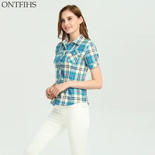 ONTFIHS Cotton Women tops and Blouse Fashion Plaid & Checks Shirt short Sleeve Shirt New kimono cardigan Women’s tunic S-24
