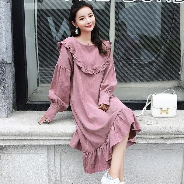 

Ulzzang Autumn Winter Women Oversized Long Dress Plus Size Corduroy Vestido Mujer Elegant Vintage Ruffles Ladies Dress DC670