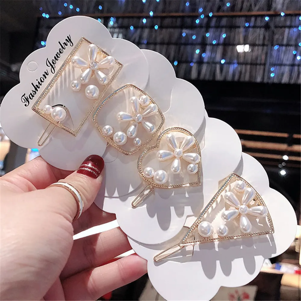 

1PC Women Fashion Geometric Hair Clips Pearl Flowers Hairpins Round Triangle Heart Barrettes Girls Hairgrips Hair Accessories