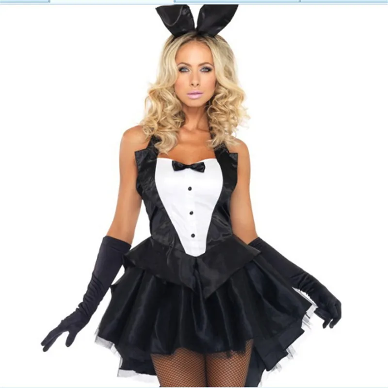 Костюмы кролика для девочек, сексуальный костюм на Хэллоуин для женщин, маскарадный костюм для взрослых, Клубная одежда, праздничная одежда для женщин, большие размеры - Цвет: Черный