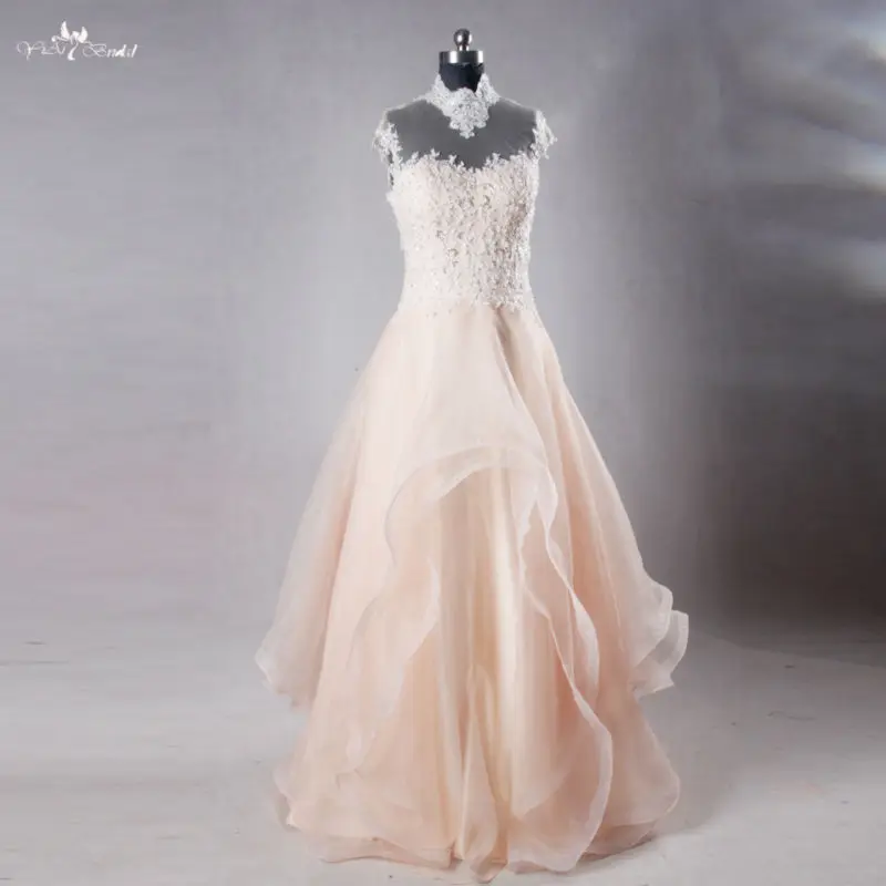 Rse703 High Neck Sexy Lace Backless Blush Pink Organza Wedding