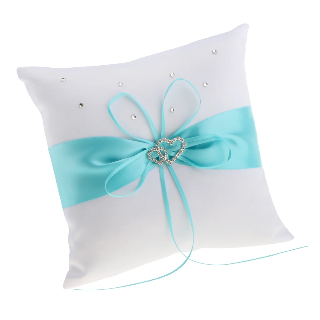 Wedding Party Satin Heart Ring Pillow Cushion Diamond with Ribbon Ring Bearer Cushion Garden Supplies