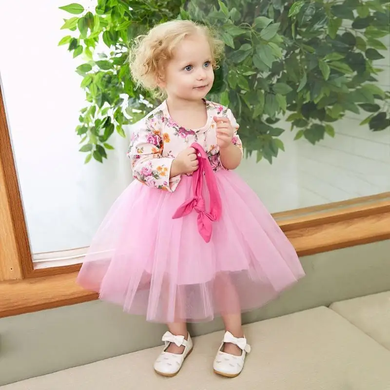 

Girls Floral Print O-Neck Princess Dress Stitching Gauze Swing Kids Clothes