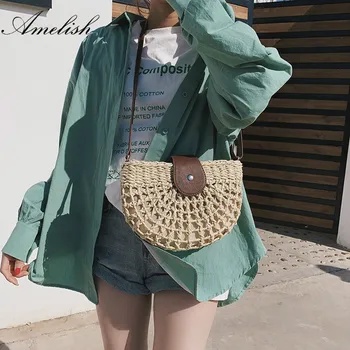 

2019 Fashion New Hollow Straw Bag Women Round Handbag Summer Ladies Rattan Messenger Tote Girl Bohemia Travel Beach Circular Bag