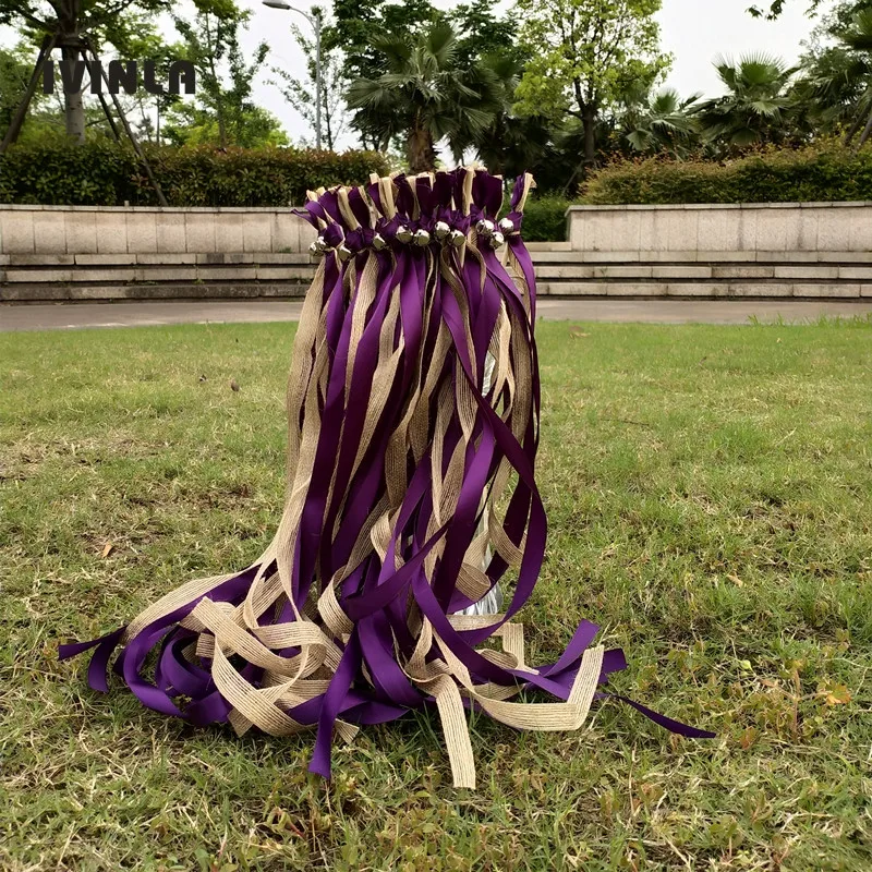 

50 шт./лот свадебные палочки из фиолетового джута с большим серебряным колокольчиком для свадебного украшения