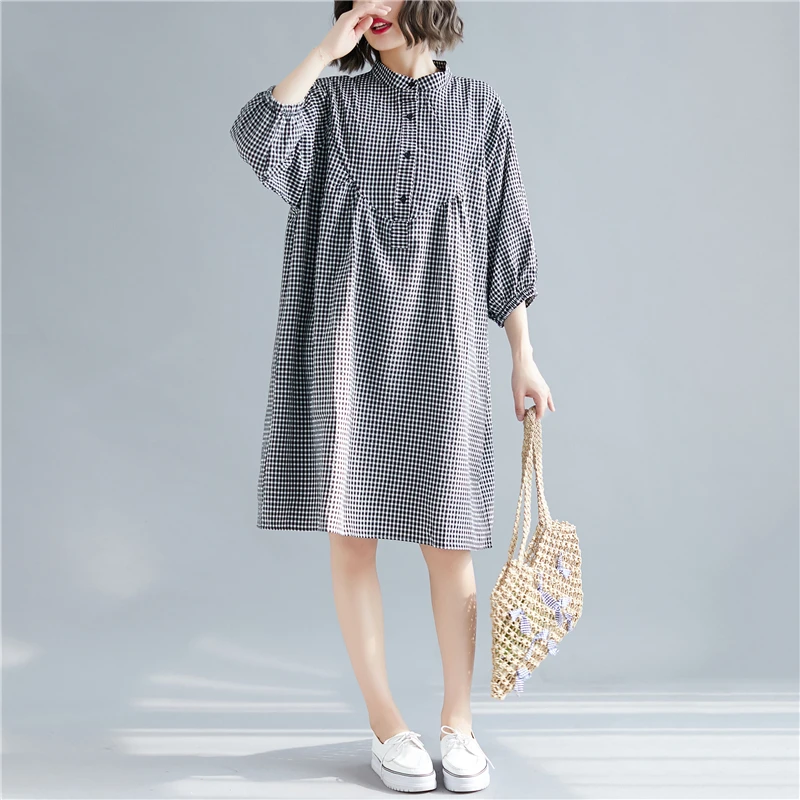 

Women Long Blouse Plus Size Spring Cotton Linen Blouse Dress Literary Casual Fashion Plaid Stand Collar Elegant Shirt Dress