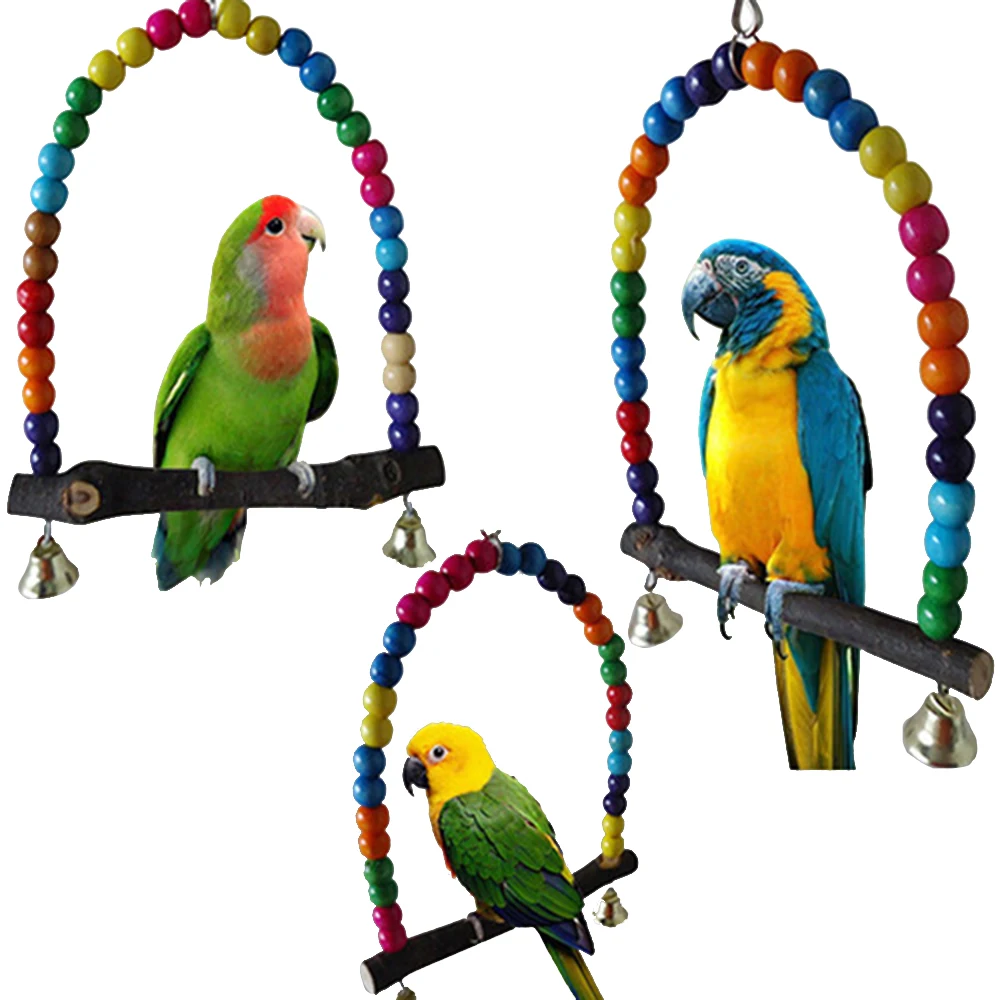 

Natural Wooden Parrots Swing Toy Birds Perch Hanging Swings Cage With Colorful Beads Bells Toys Bird Supplies