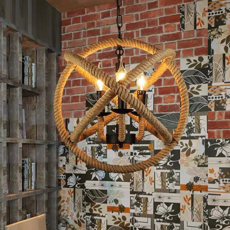 Billige Retro Lampe Kunst Bar Cafe Sphärische Restaurant Bar Industrie Hanf Seil Kronleuchter