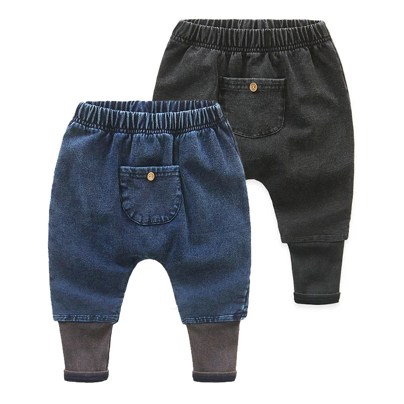 

2019 Winter Warm Casual 3 4-8 9 10 Years Children Elastic Baby Kids Patchwork Pocket Long Denim Plus Velvet Harem Pants For Boys