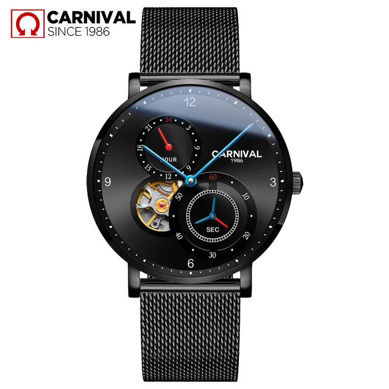 Мужские наручные часы CARNIVAL автоматические с синим циферблатом и маленьким 24 часа