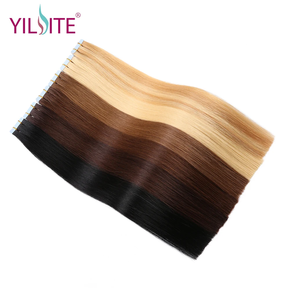 Yilite 2"-22" Накладные человеческие волосы на ленте, 20 шт. европейские натуральные волосы, не Реми, шелковистые прямые волосы для наращивания на коже