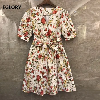 

100%Cotton Dress 2019 Summer Casual Sundress Women V-Neck Vintage Flower Print Beading Buttons Half Sleeve A-Line Sweet Dress
